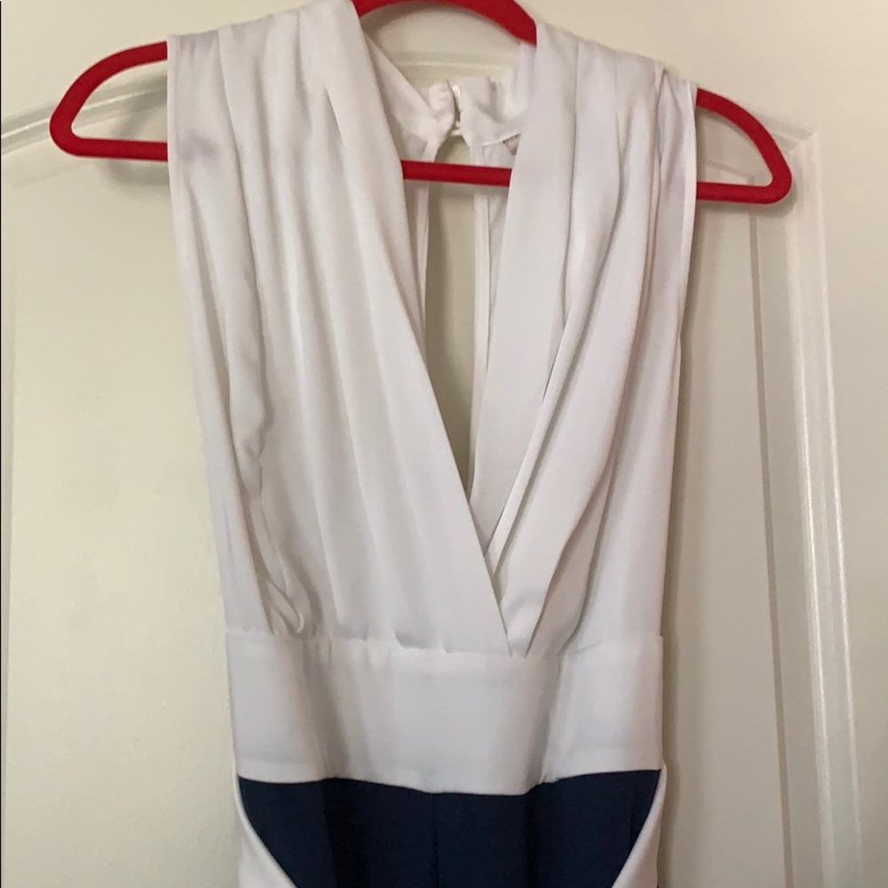Eva Mendes navy and white jumpsuit